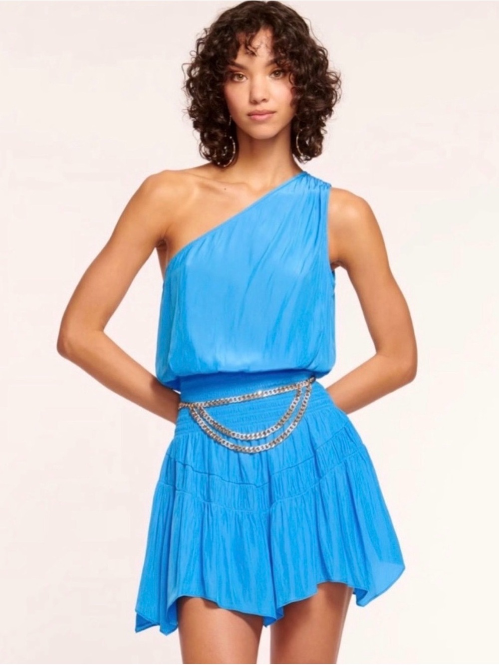 Ramy Brook Lilah One Shoulder Mini Dress XL Blue Smocked Ruffle Cocktail Party